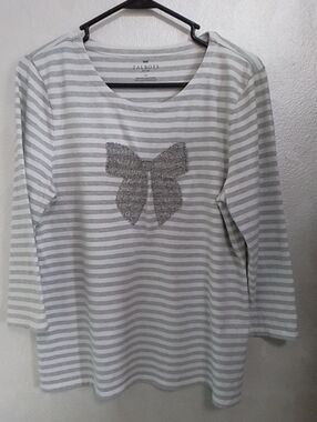 Talbots Gray and White Striped Long-Sleeve Tee with Silver Sequin Bow